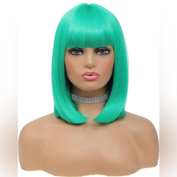 14” Green Straight Bob with Bangs Heat Resistant Synthetic Wig Cosplay Anime NEW - Picture 7 of 9